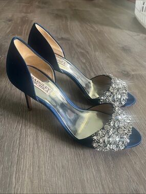Badgley Mischka Navy Crystal Hansen Embellished Open-Toe Heels